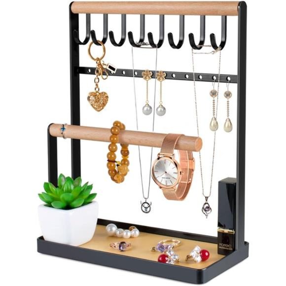 Jewelry Stand Holder, 4-Tier Necklace Hanging Wooden Ring Organizer Earring Tray - Picture 1 of 6